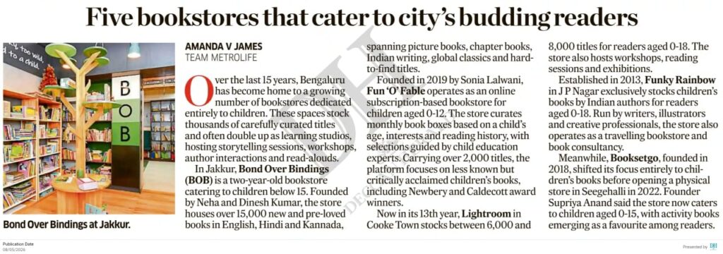 Fun'O'Fable featured in Deccan Herald among five Bengaluru bookstores that cater to the city's budding readers, May 2026